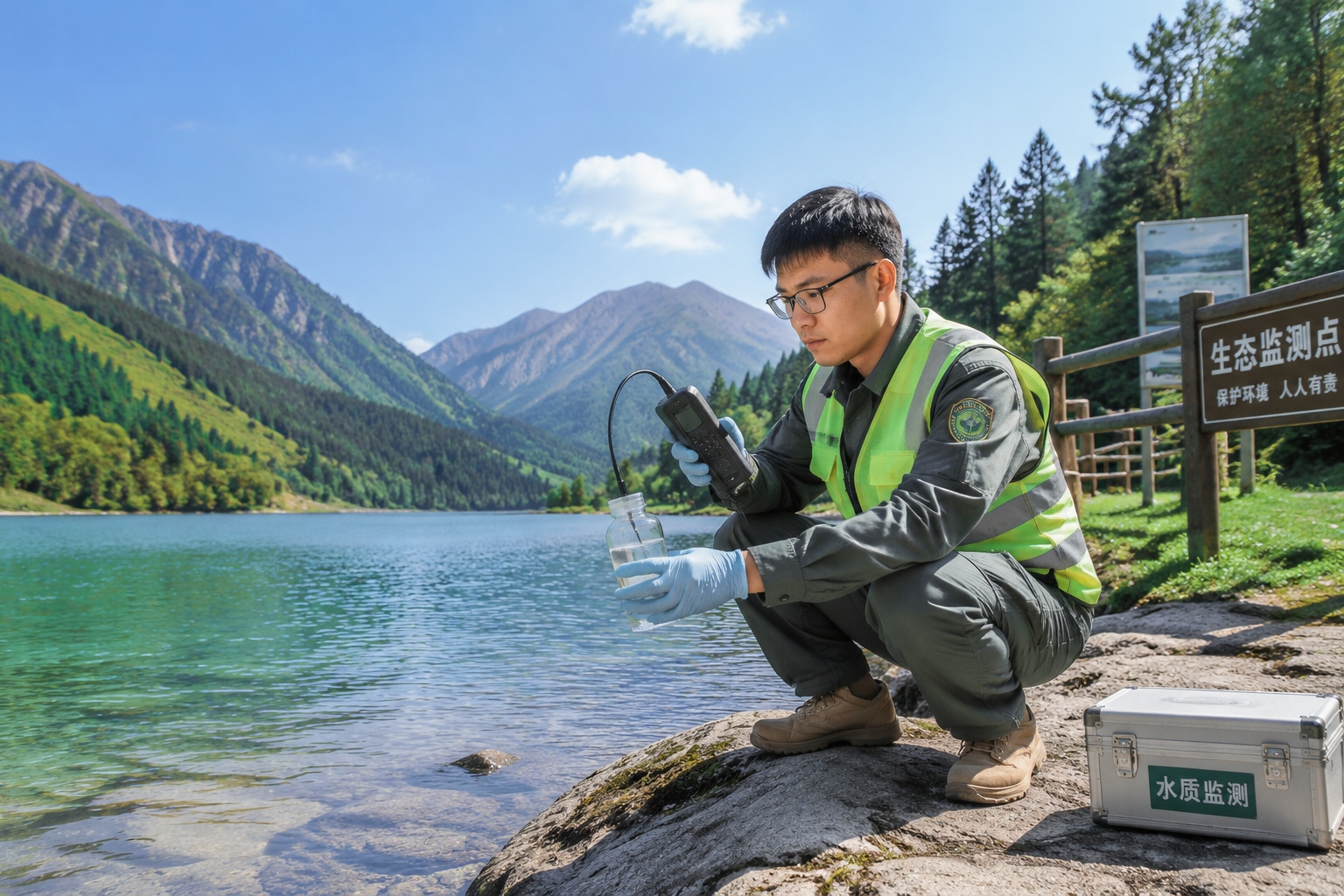 Ecologist collecting water sample in Jiuzhaigou lake to monitor sediment recovery after earthquake