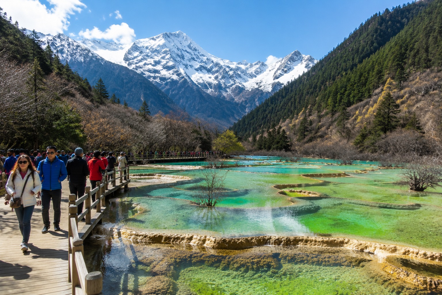 Tourists on boardwalk admiring restored Jiuzhaigou pools a decade after earthquake