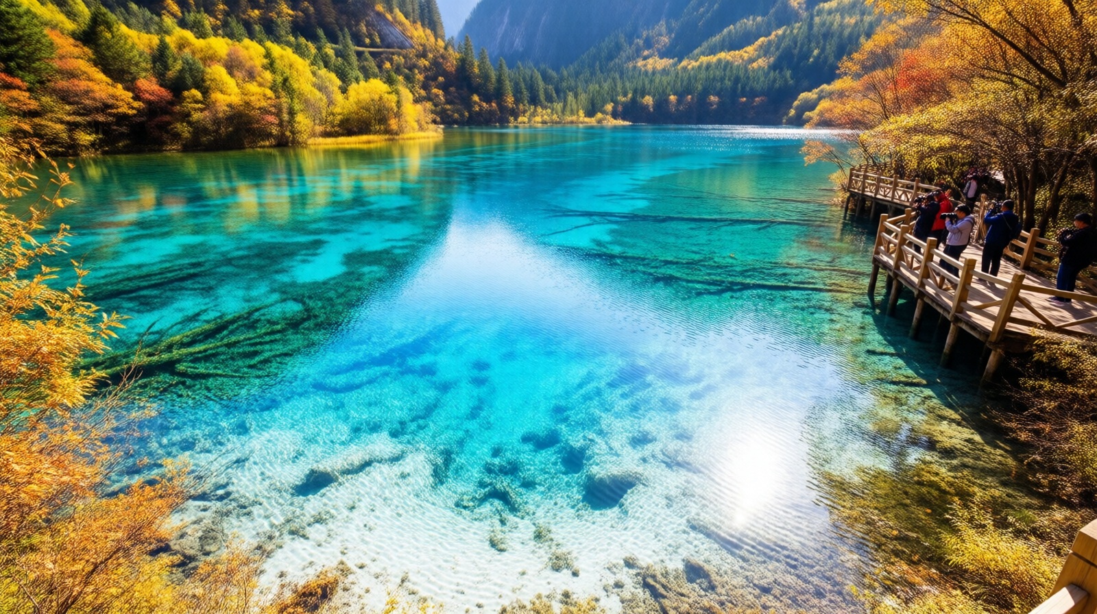 Crystal-clear turquoise lake at Jiuzhaigou's Five Flower Sea with white mineral floor and autumn foliage, seen in natural daylight.