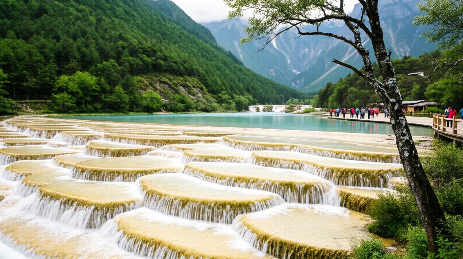 Water flowing over pale yellow travertine terraces at Pearl Shoal waterfall in Jiuzhaigou.
