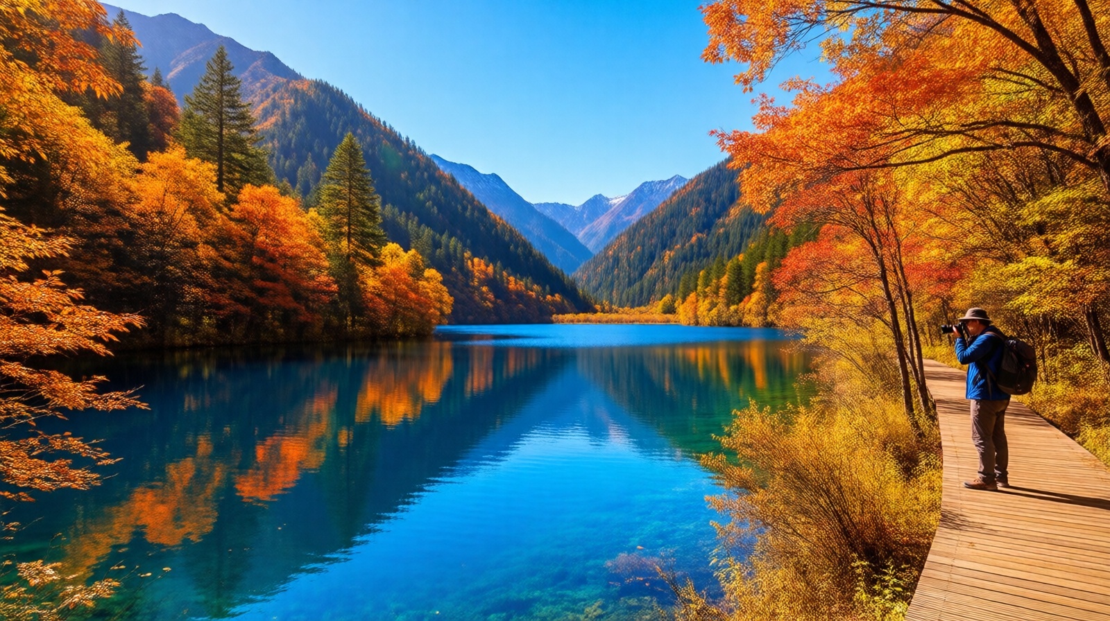 Deep blue Jiuzhaigou lake surrounded by red and yellow autumn trees, with cross-reflections of blue sky and painted leaves.