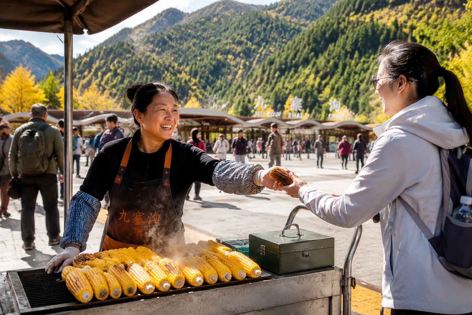 A female vendor selling roasted corn at the entrance of Jiuzhaigou National Park, talking with a tourist.
