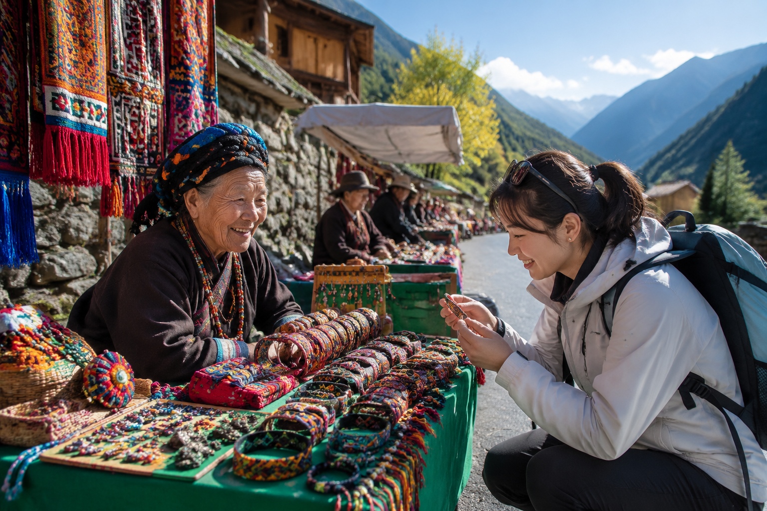 An elderly Tibetan woman selling handmade crafts to a young tourist at a market near Jiuzhaigou.
