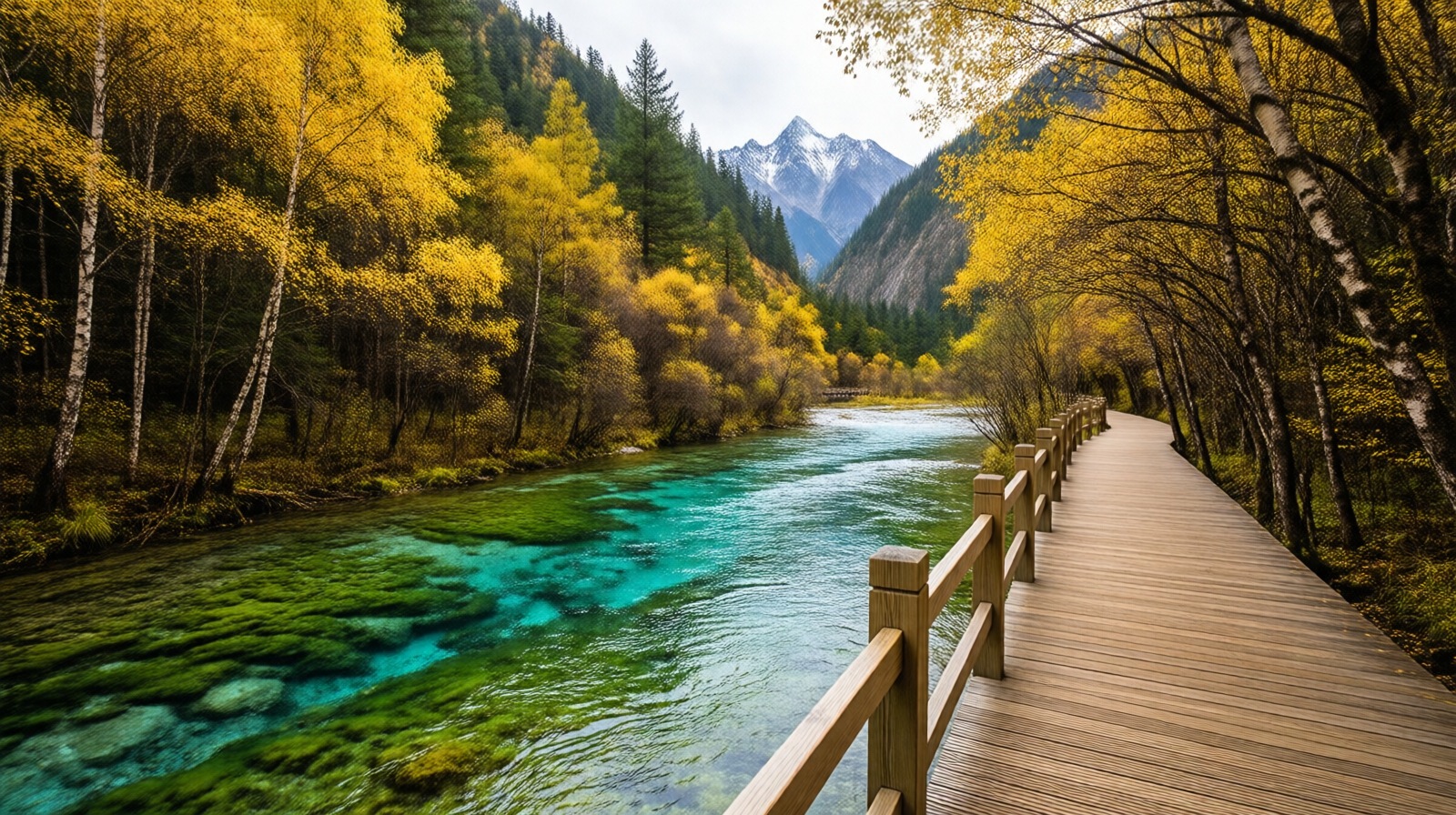 Quiet wooden boardwalk along a turquoise stream in Jiuzhaigou, empty trail and dense forest