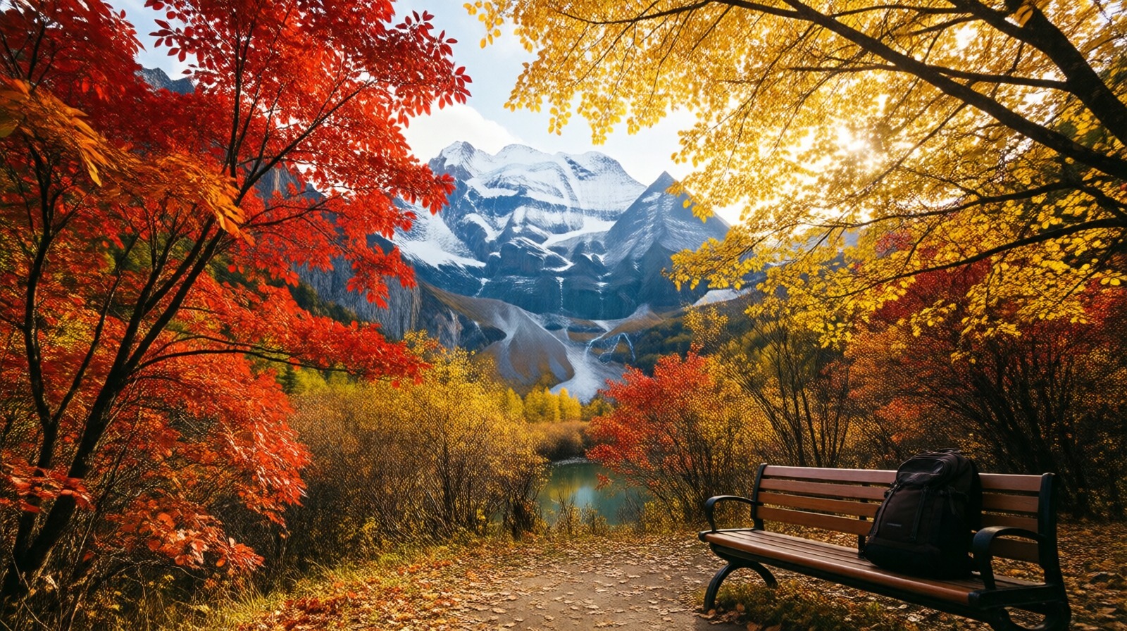 Autumn Jiuzhaigou trail with colorful leaves, snow-capped mountains, and an empty bench