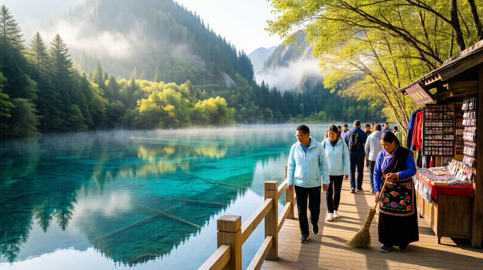 Tourists and a local Tibetan woman on a wooden boardwalk at Jiuzhaigou, with mirror-like lake and morning mist