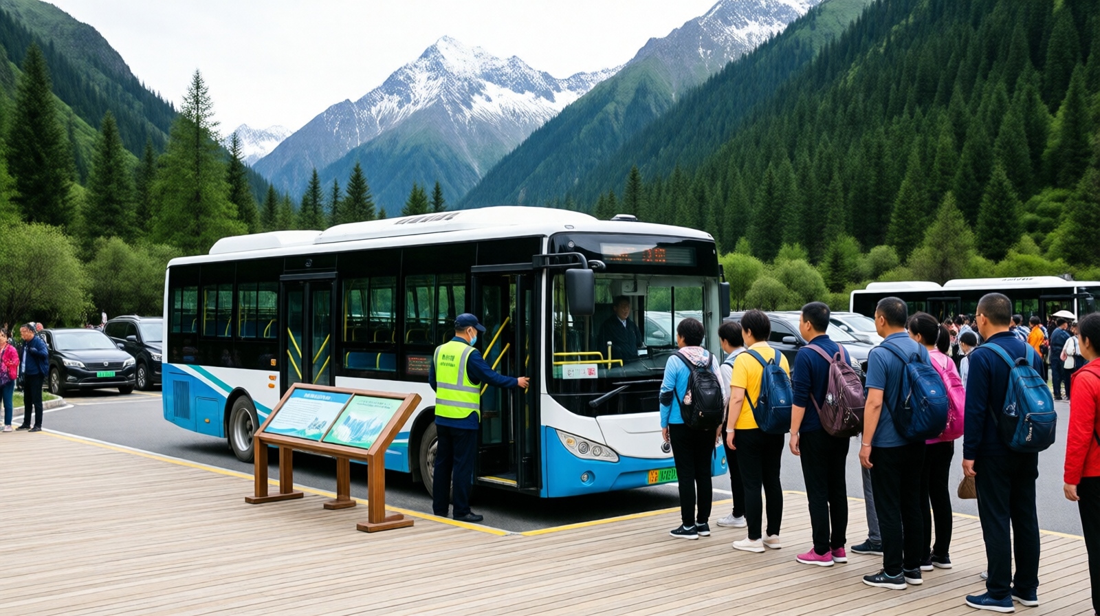 Visitors boarding an eco-friendly shuttle bus at Jiuzhaigou, with signboards and mountain scenery behind