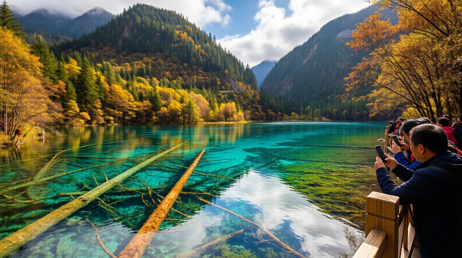 Five Flower Lake in Jiuzhaigou with visitors photographing along a wooden railing