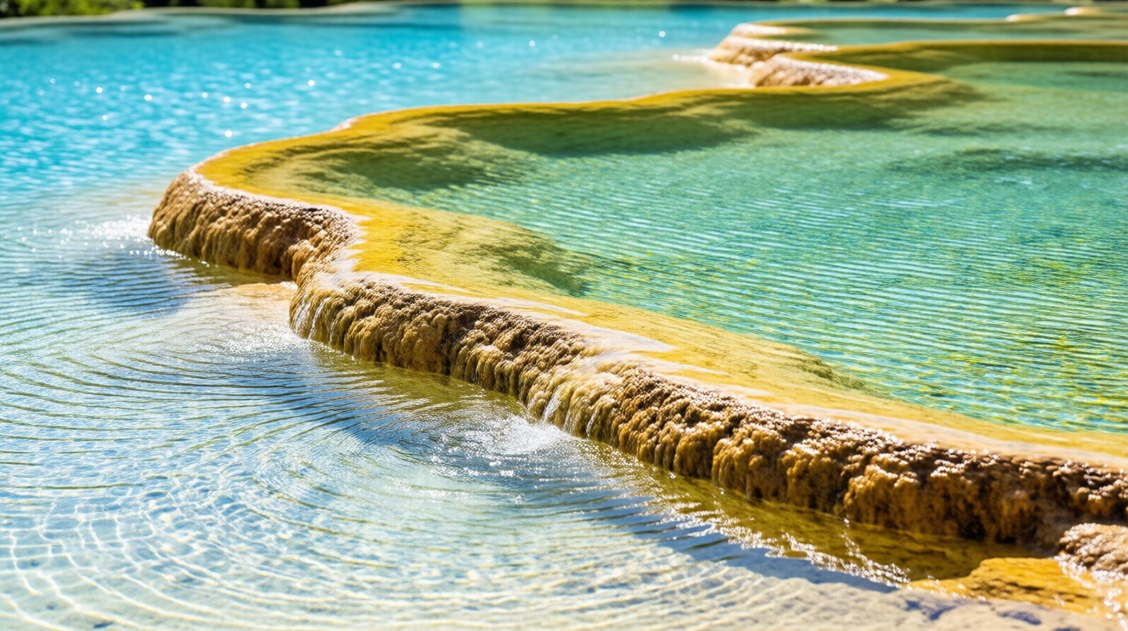 Close-up of colored mineral pools in Huanglong displaying shades of blue, yellow, and green