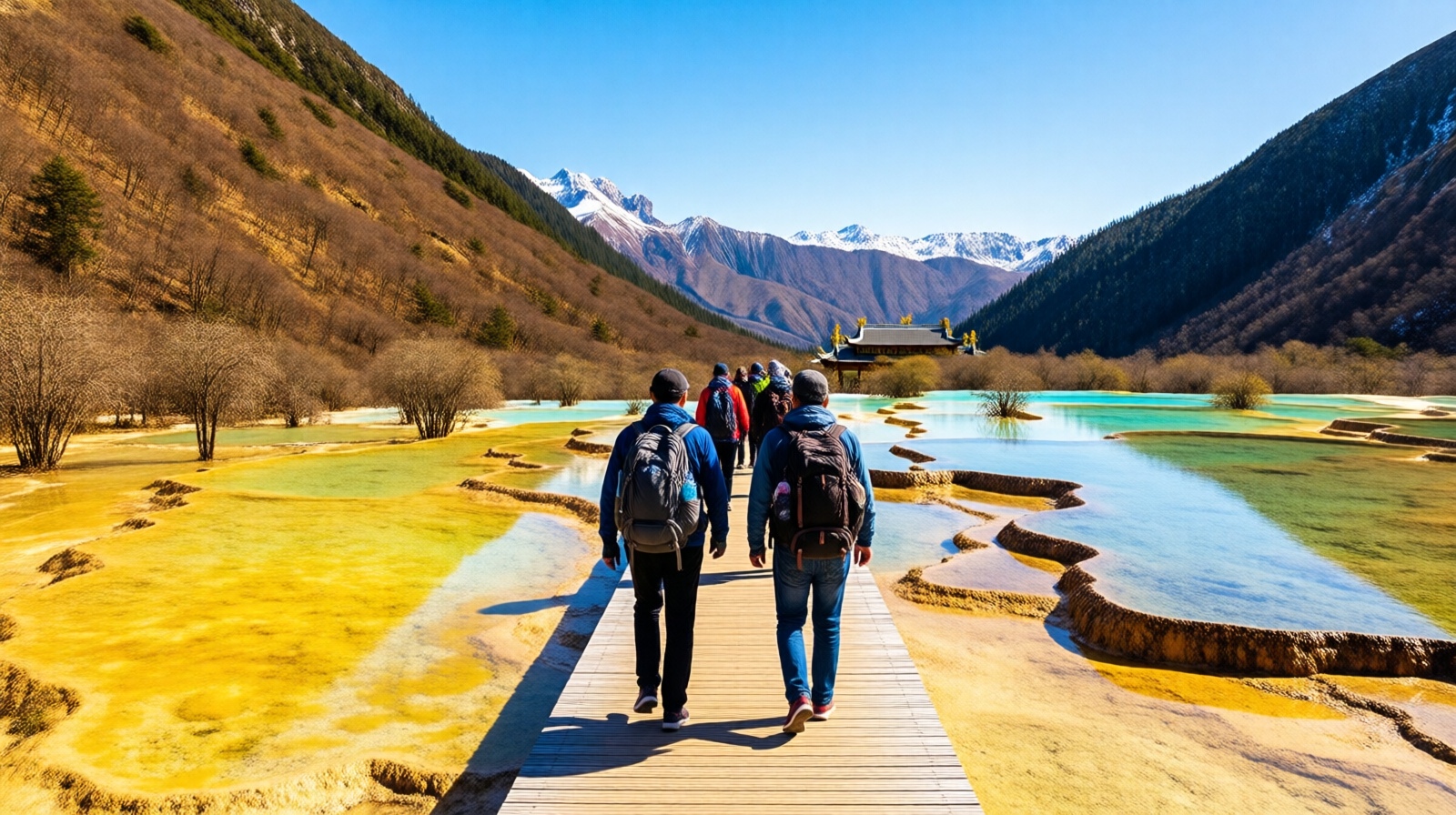 Visitors walking on a boardwalk through Huanglong's golden travertine slopes with snow mountains ahead