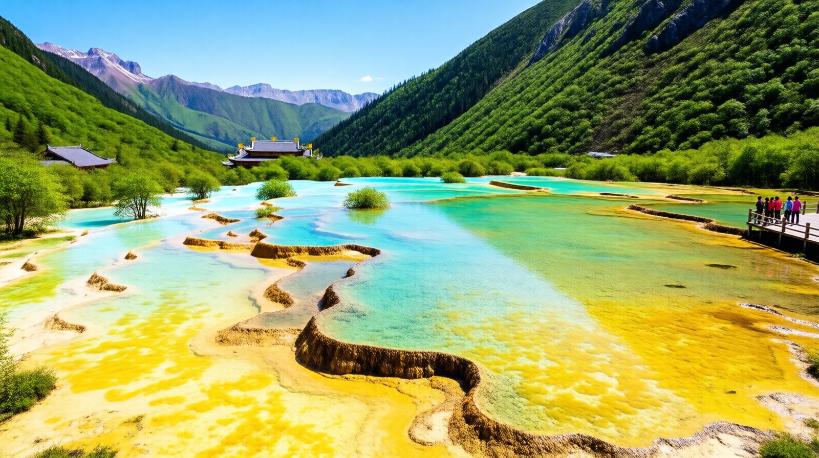 Panoramic view of Five-Colored Pond in Huanglong with turquoise water and snowy peaks