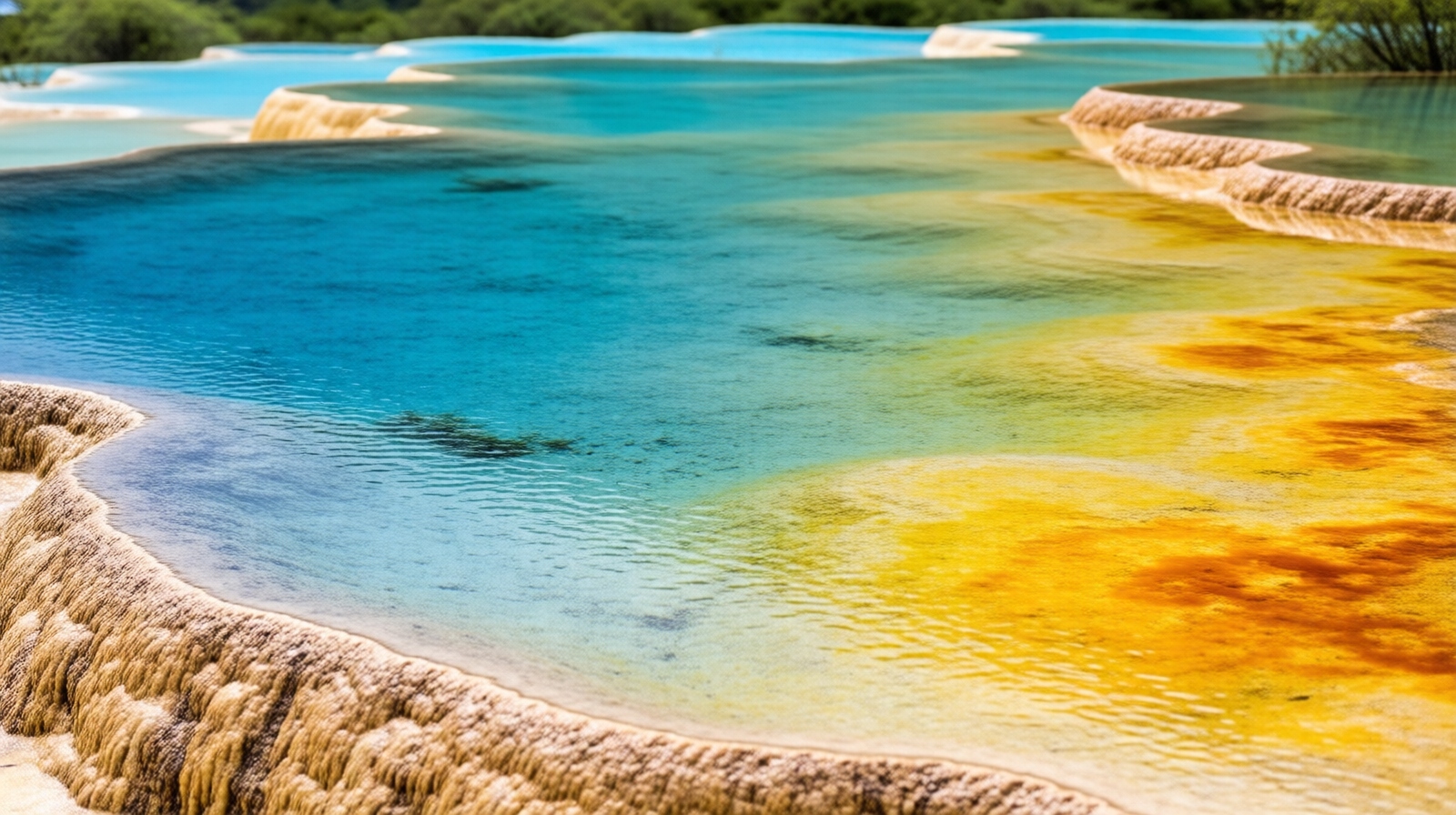 Close-up of Huanglong's travertine pools showing colorful mineral deposits and clear water in shades of blue and orange