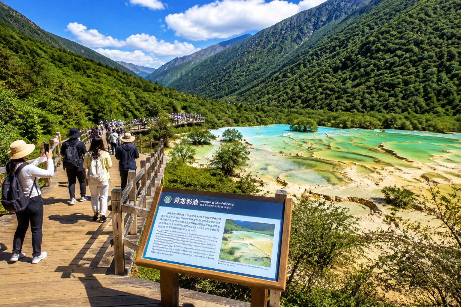Tourists on an elevated boardwalk viewing Huanglong's travertine terraces without touching the fragile mineral formations