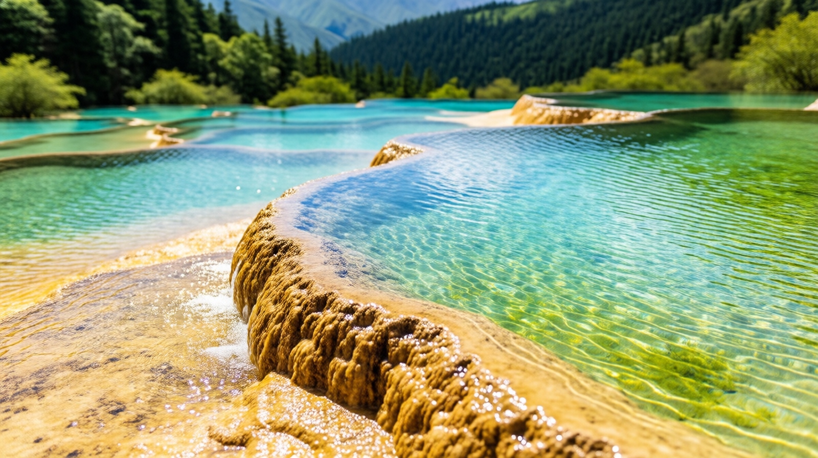 Close-up of Huanglong's colorful pools showing clear turquoise water and layered calcite terraces.