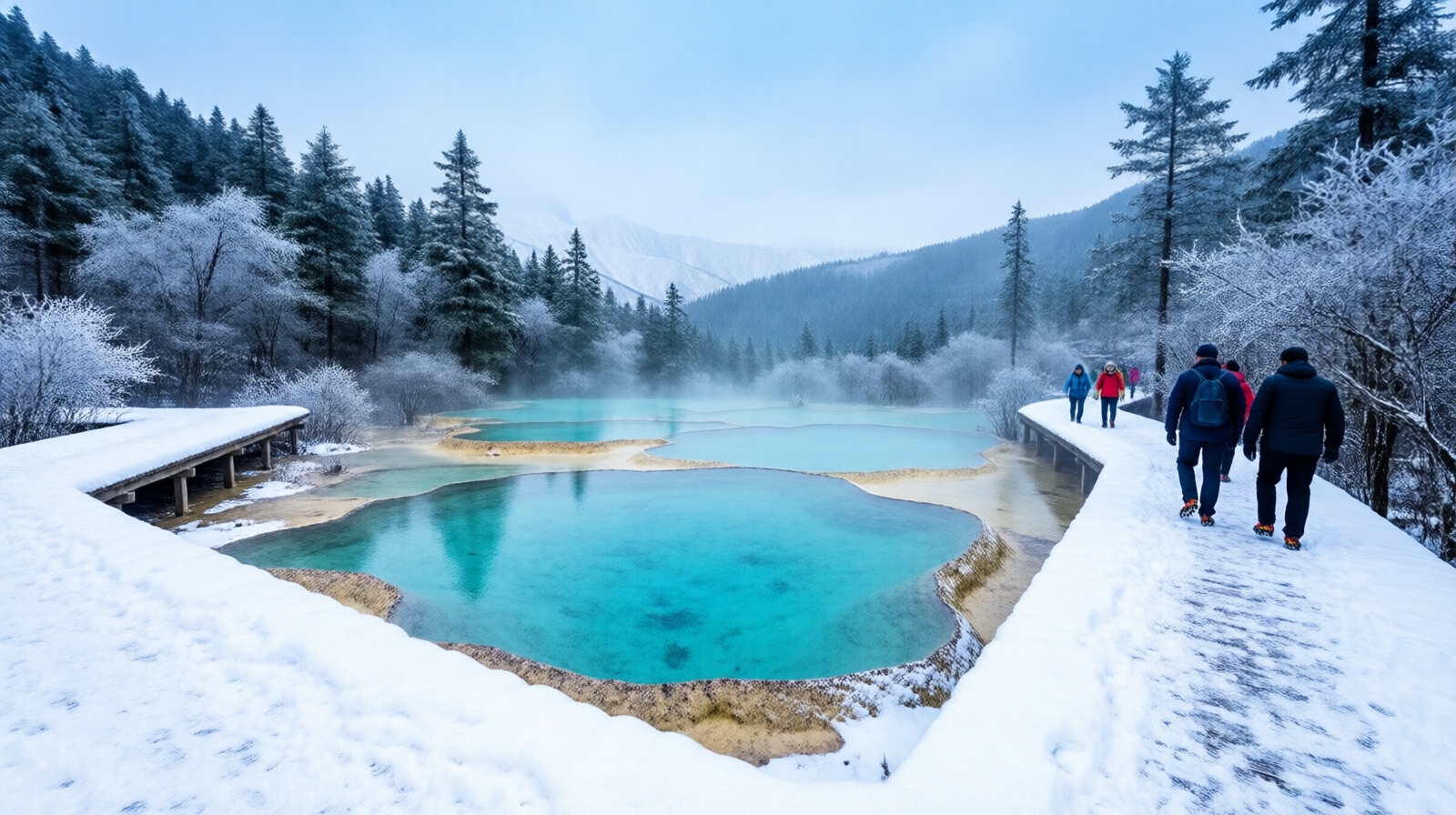 Winter at Huanglong: snow-covered boardwalks and steamy turquoise pools surrounded by frosty pines.