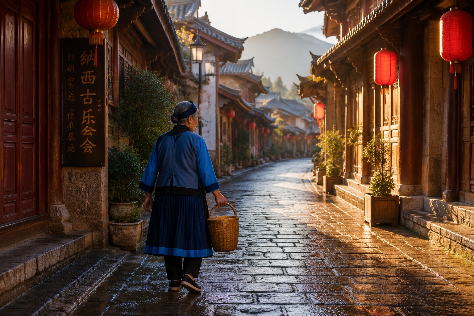 Naxi elder walking through a quiet Lijiang Old Town alley in the early morning carrying a woven basket