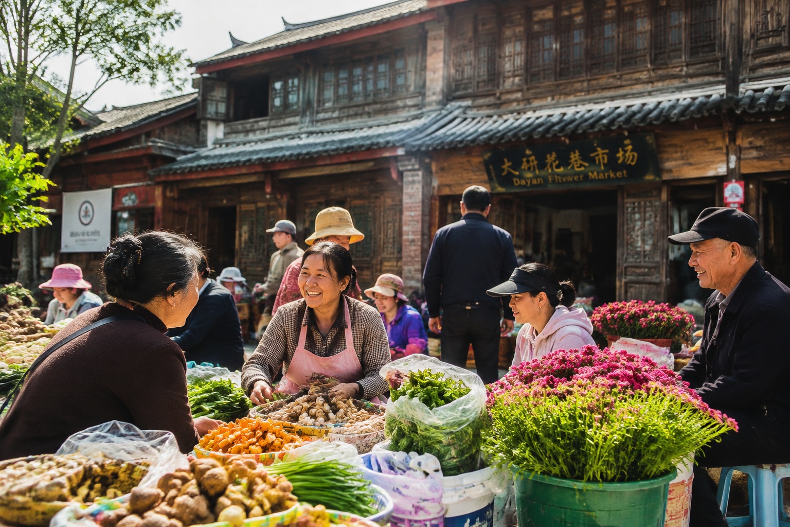 Morning market near Lijiang Old Town where local vendors sell fresh produce and flowers