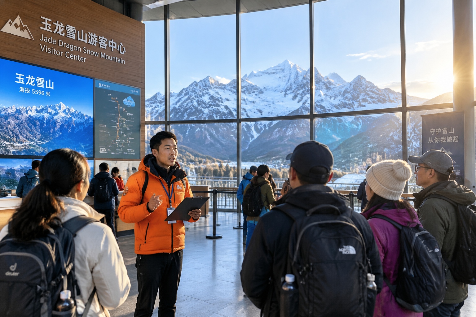 Local guide He Jun checks his clipboard inside the visitor center as tourists prepare for their trip, with Jade Dragon Snow Mountain visible through the window