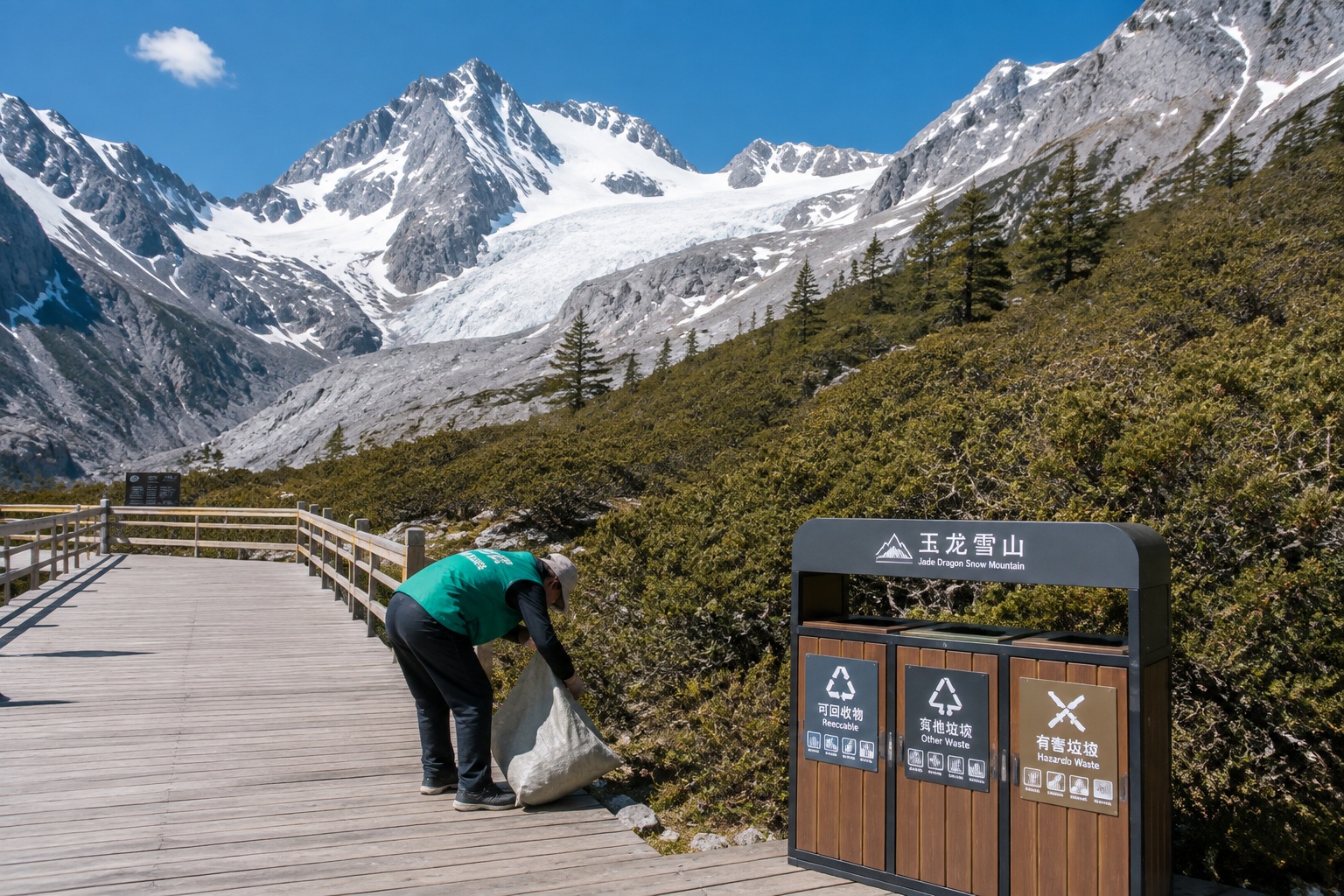A cleaner collects trash with a cloth bag along the wooden boardwalk at Jade Dragon Snow Mountain, with the glacier visible in the background