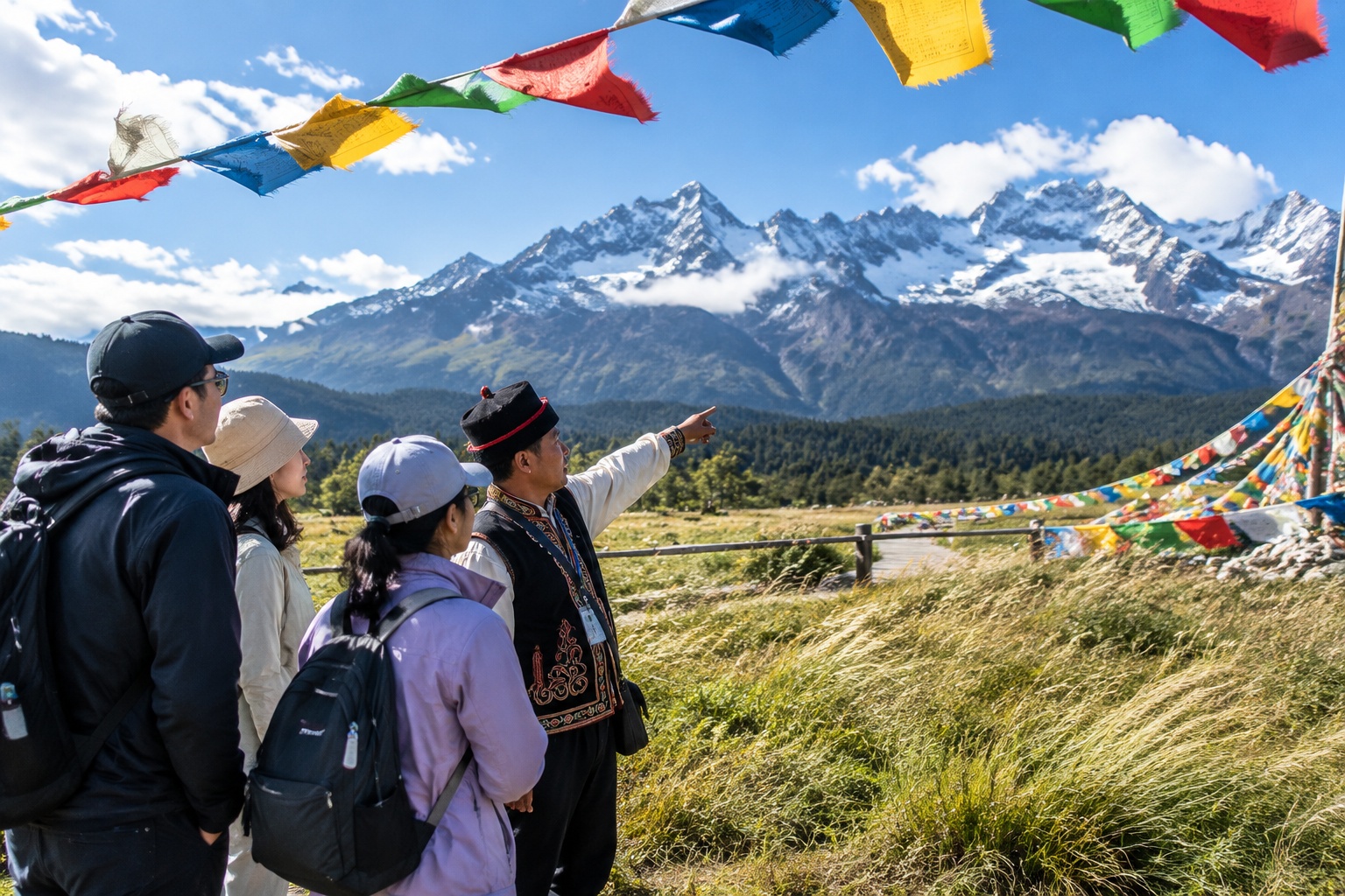 A Naxi guide explains the cultural meaning of prayer flags to tourists at Ganhaizi Meadow, with Jade Dragon Snow Mountain in the background