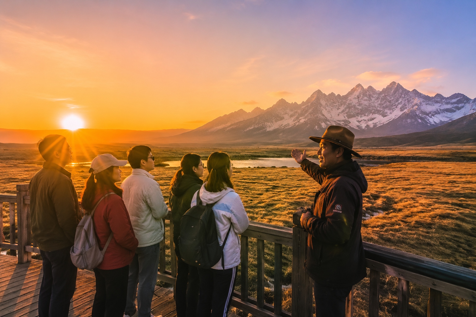 Tourists and their guide watch the sunset from a wooden platform at Ganhaizi Meadow, the snow-covered summit glowing in the last light of day