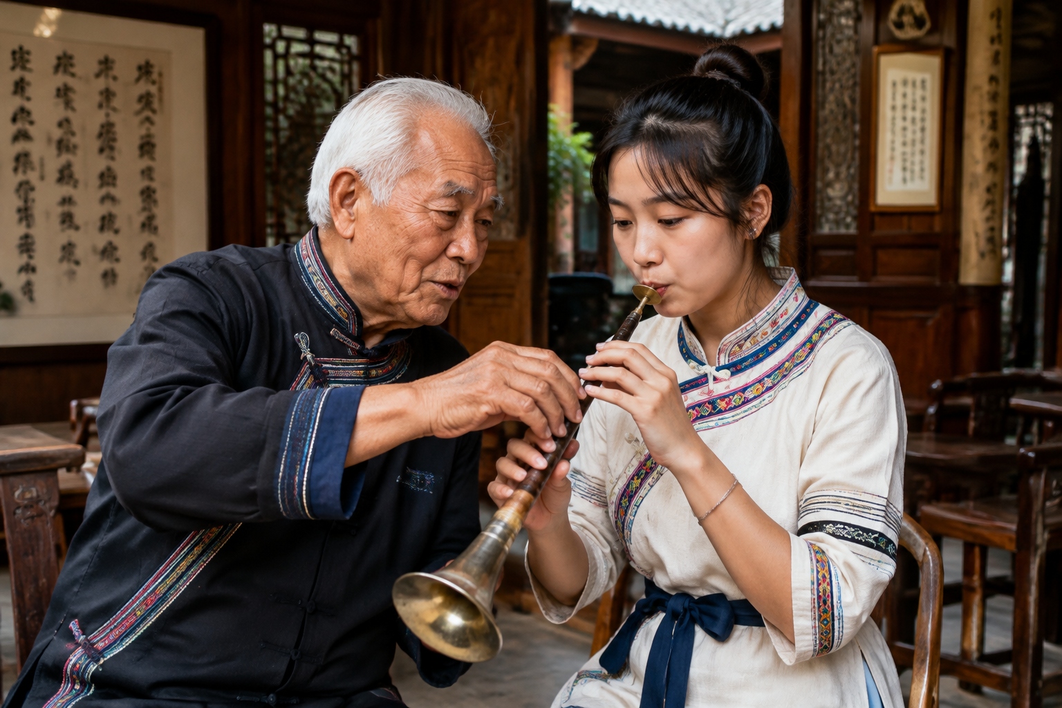 A young woman learns to play the suona from an elderly master in Lijiang's Old Town, carrying forward Naxi ancient music.