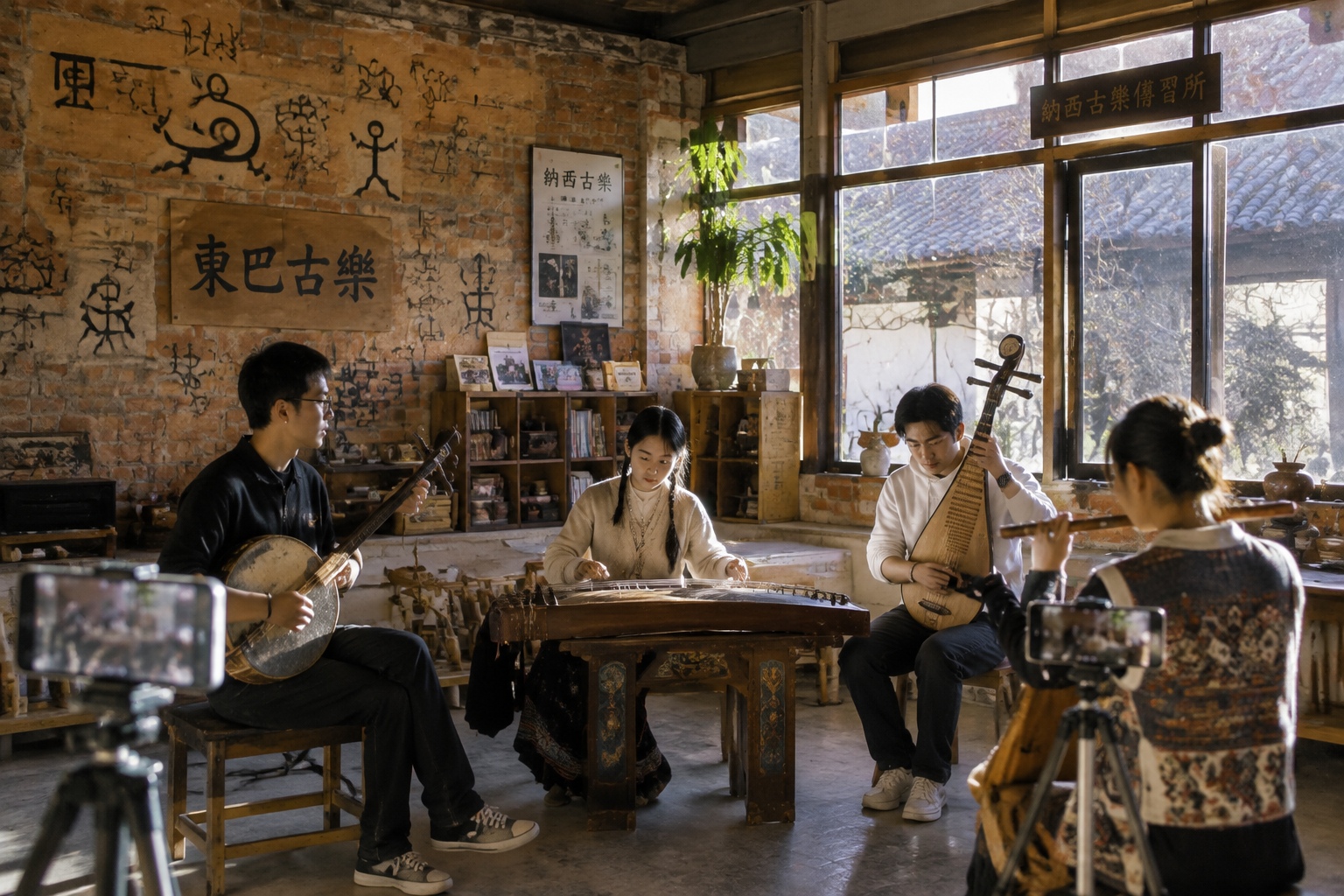 Young musicians in Lijiang blend Naxi ancient music with digital media, recording a rehearsal in a modern culture space.