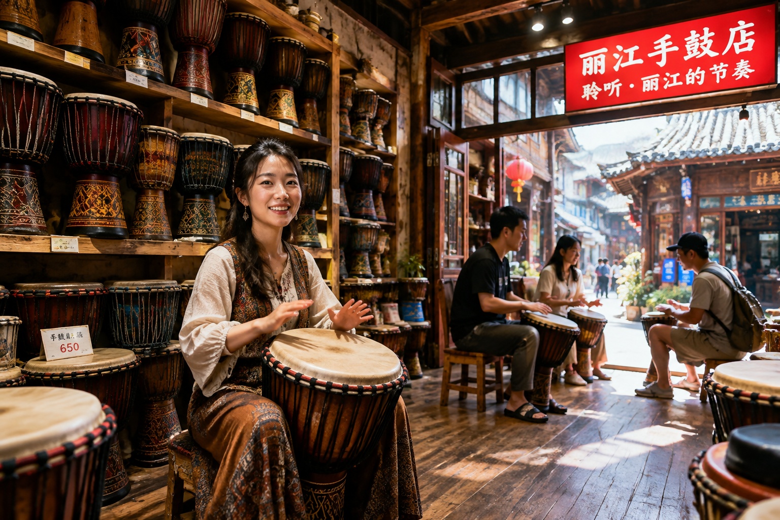 A shopkeeper plays a djembe hand drum in a Lijiang shop while tourists browse the rows of colorful drums on display.