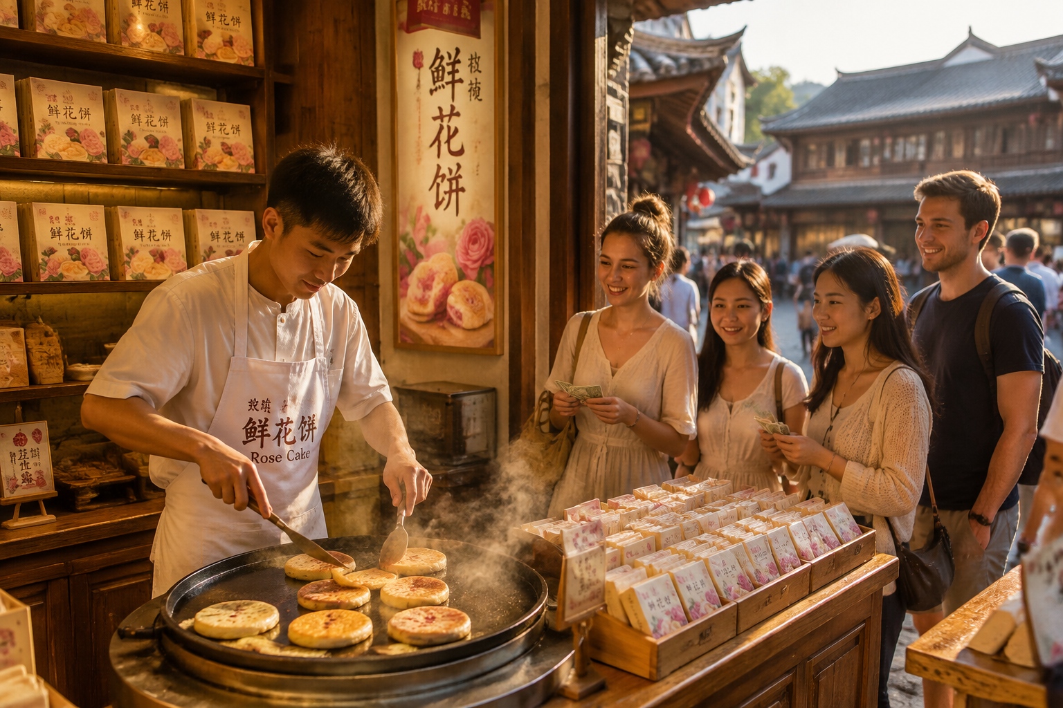 At a flower cake shop in Lijiang, a baker flips fresh rose-flavored pastries on a griddle as tourists queue to buy.