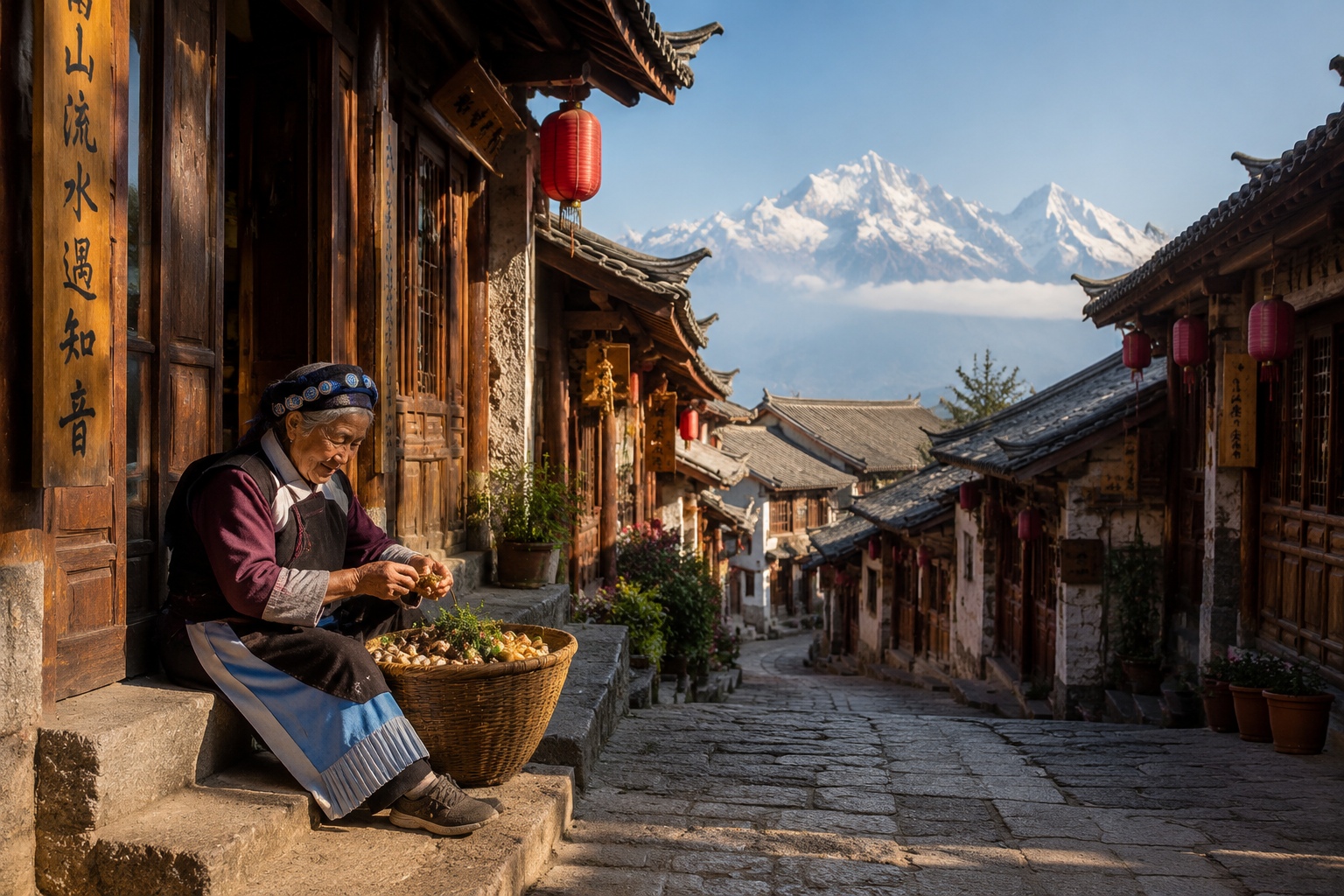 An elderly Naxi woman with a basket of vegetables sits in a quiet back lane of Lijiang Old Town, with a snow mountain in the distance.