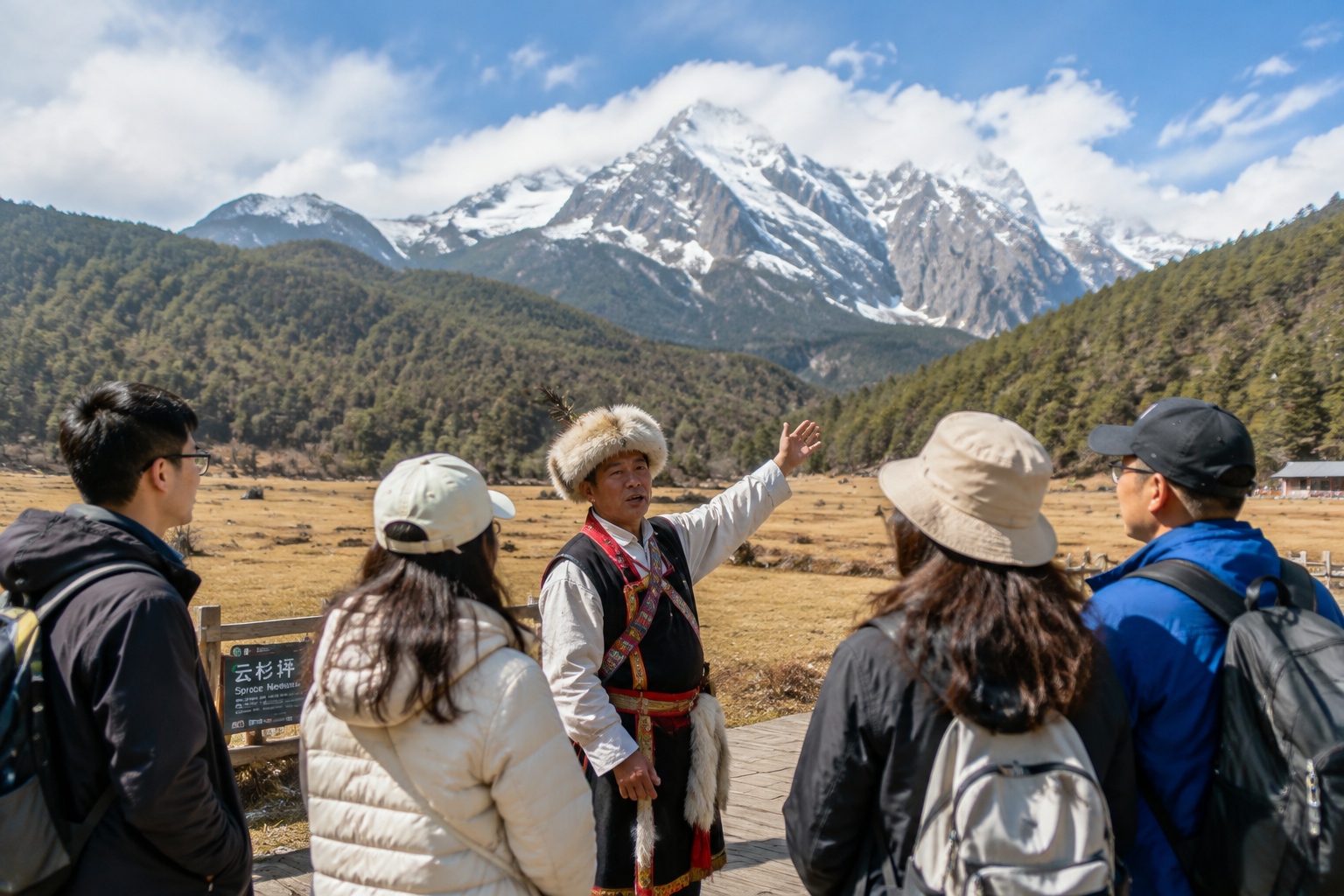 Naxi guide sharing local advice with visitors at Spruce Meadow on Jade Dragon Snow Mountain.