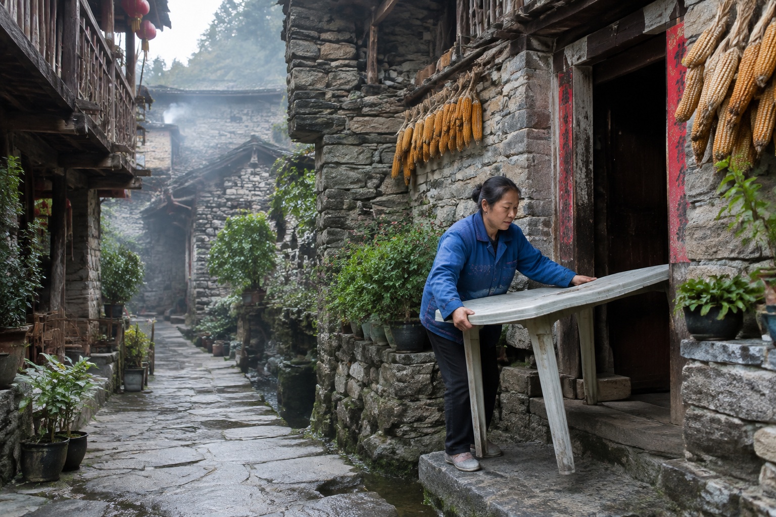 Villager setting up a homestay table in Shitouzhai village near Huangguoshu Waterfall