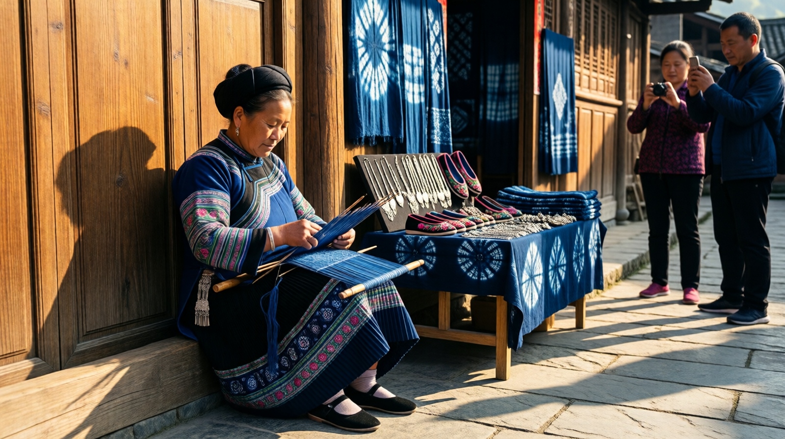 Buyi woman selling handmade embroidery to tourists in Shitouzhai village