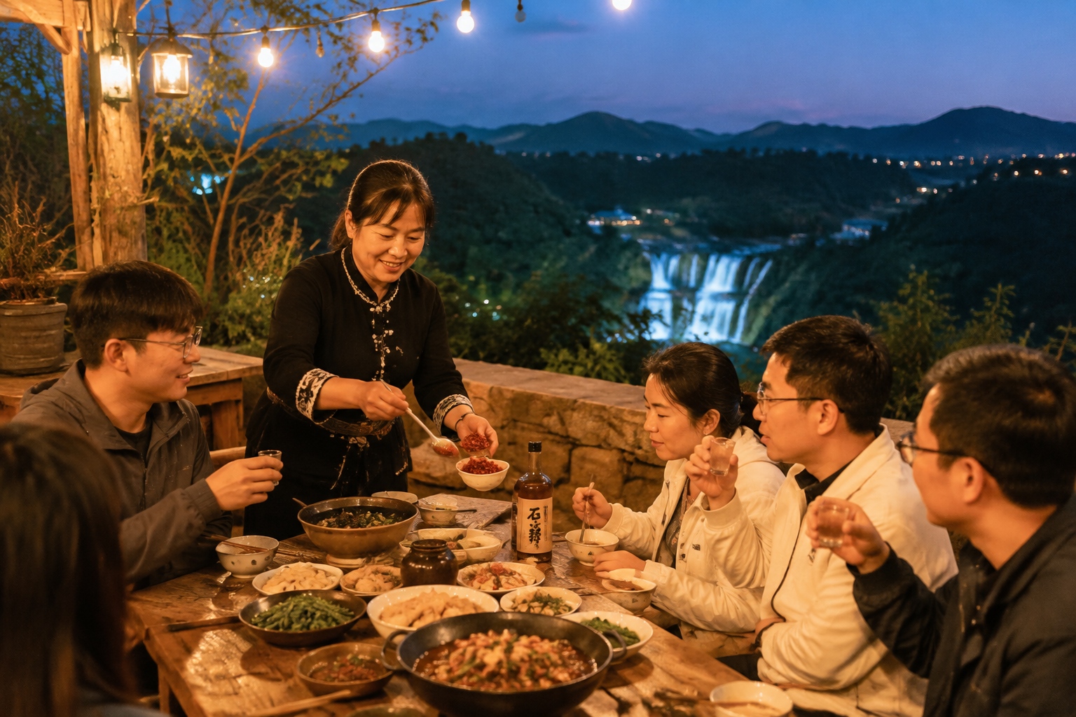 Long-table dinner at a rural homestay near Huangguoshu Waterfall in Guizhou
