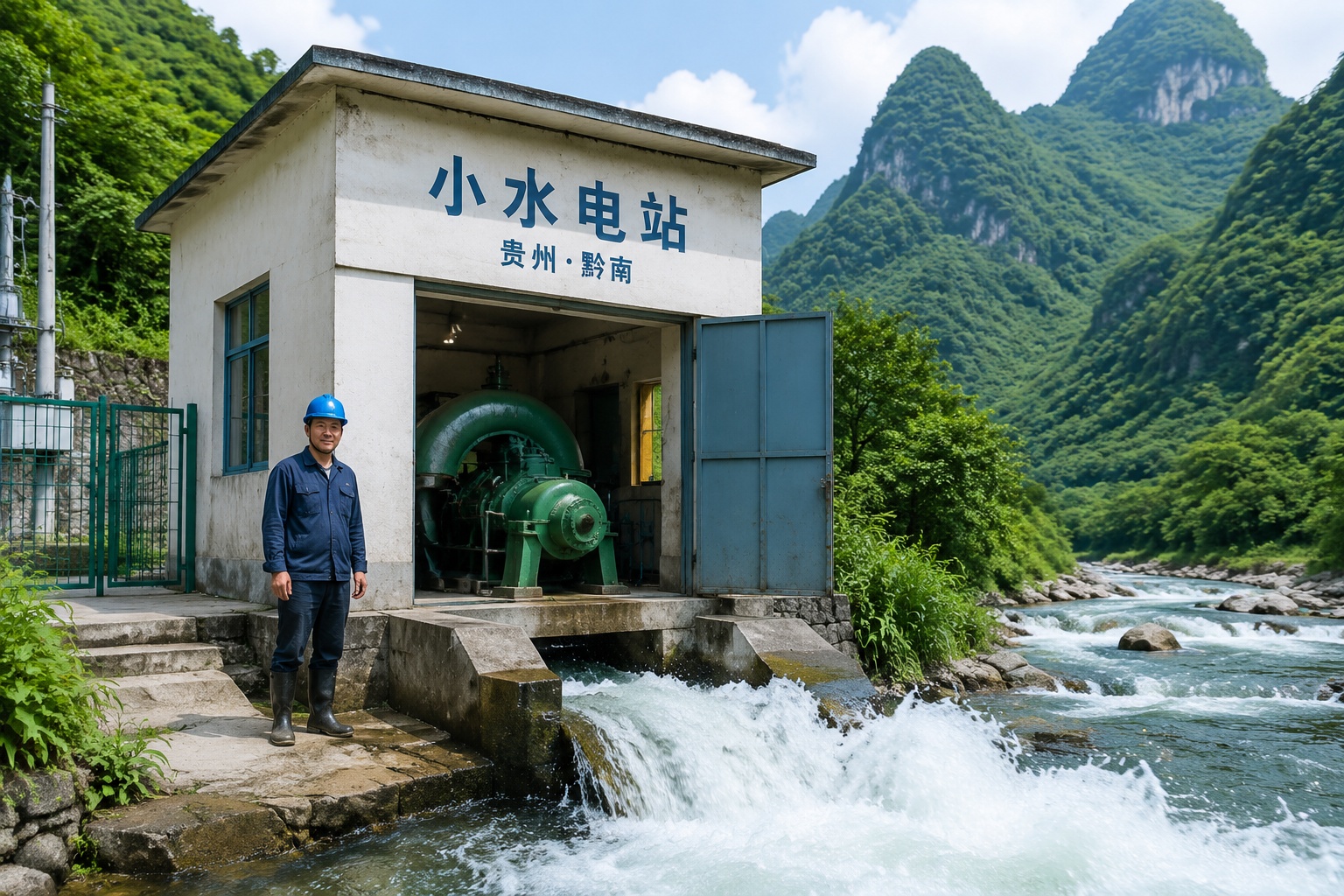 Small hydropower station beside a mountain stream in rural Guizhou