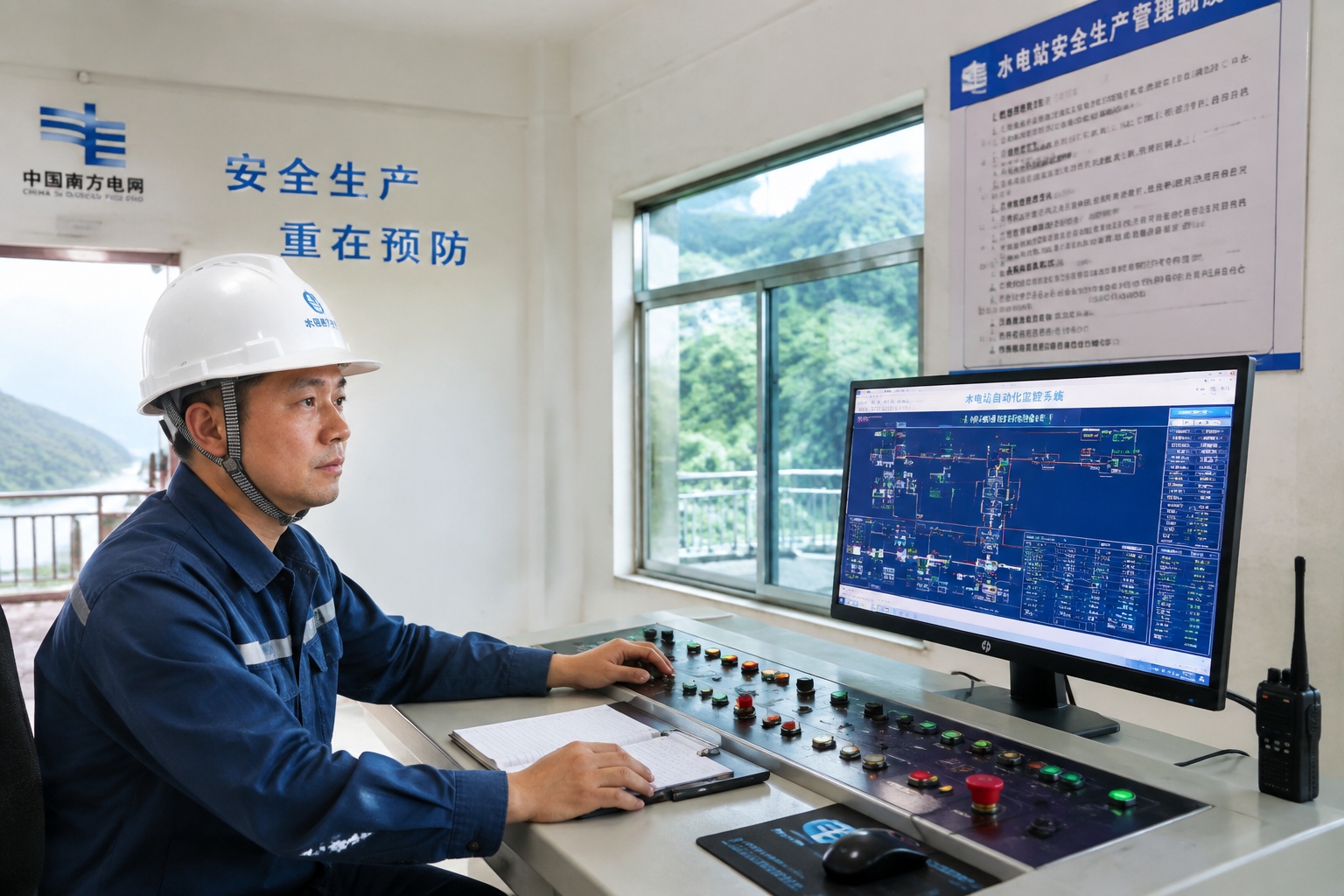 Engineer monitoring the control system of a modernized small hydropower station