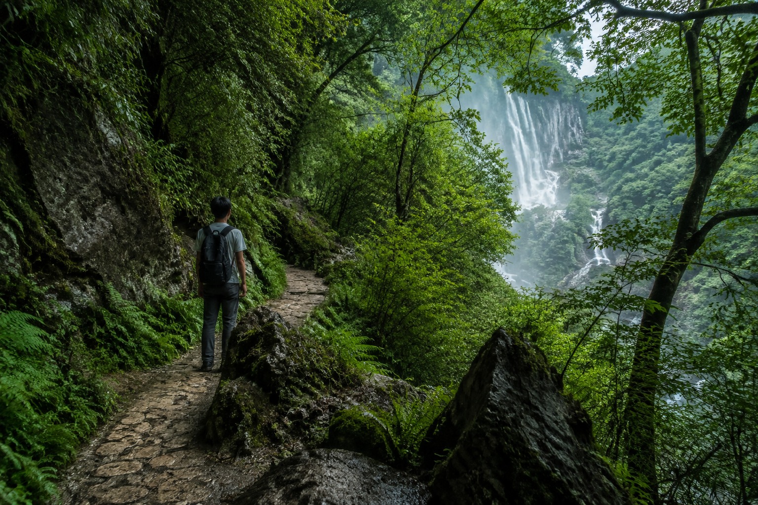 A narrow trail behind a waterfall in Xiaoqikong, Guizhou, leading to an unseen village, with lush ferns and misty karst peaks.