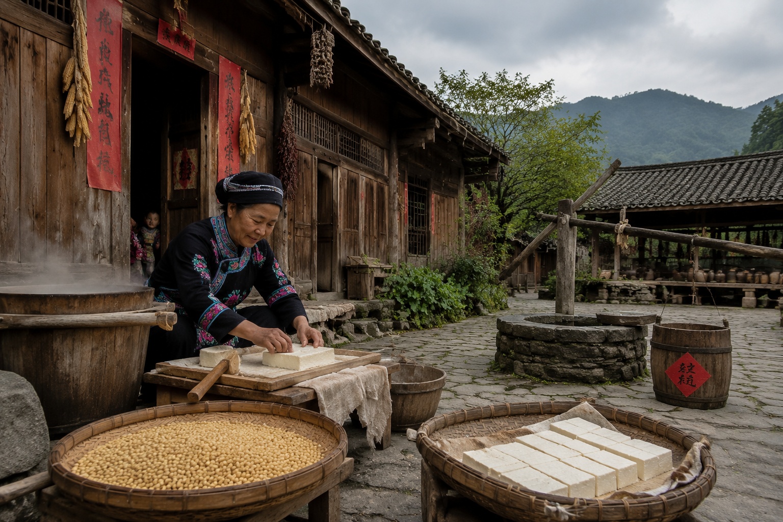 A Buyi woman making tofu in a traditional courtyard in a hidden village near Xiaoqikong, Guizhou.