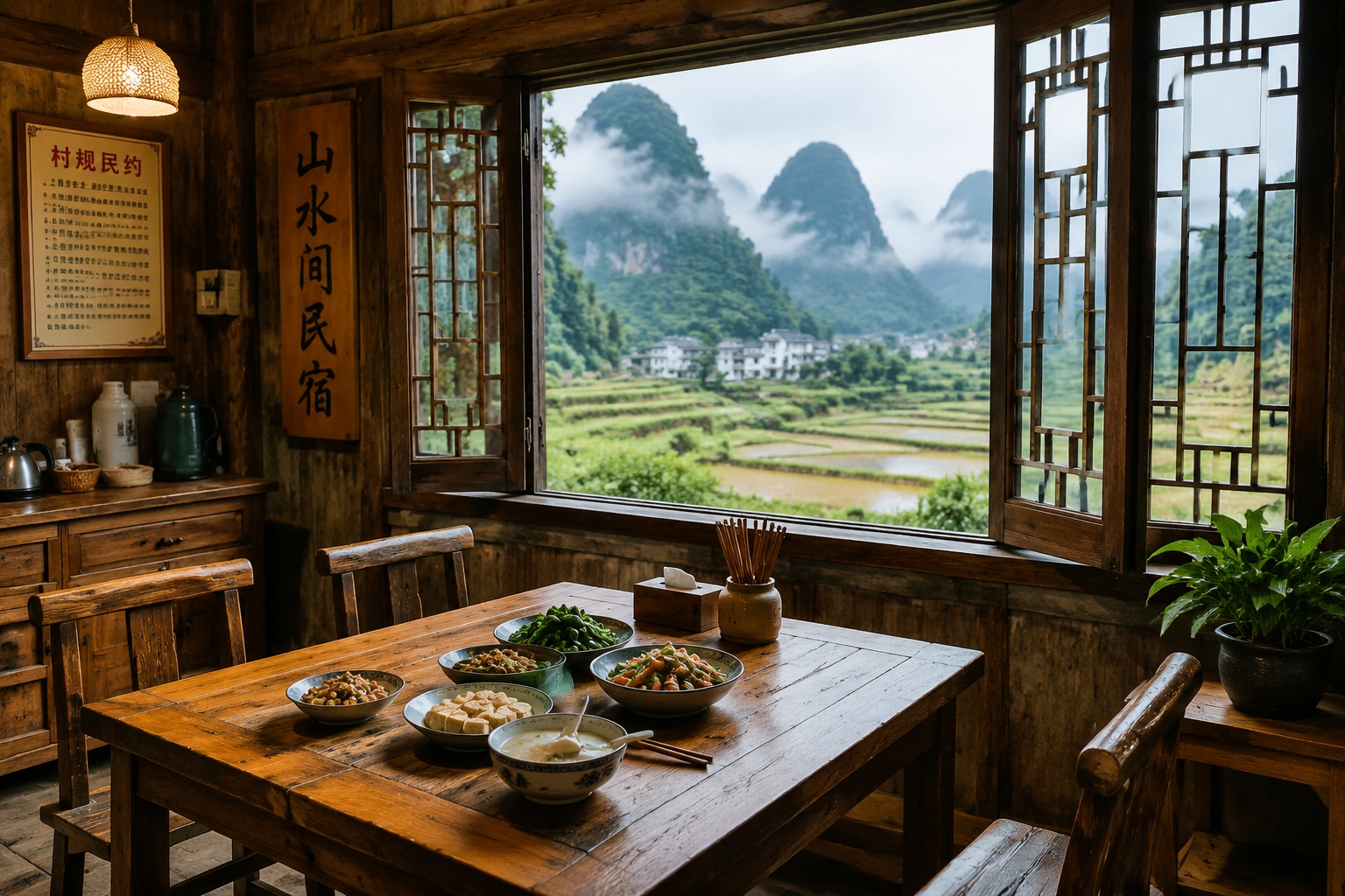 Village homestay interior in Laozhai near Xiaoqikong, with a view of karst mountains and rice terraces.