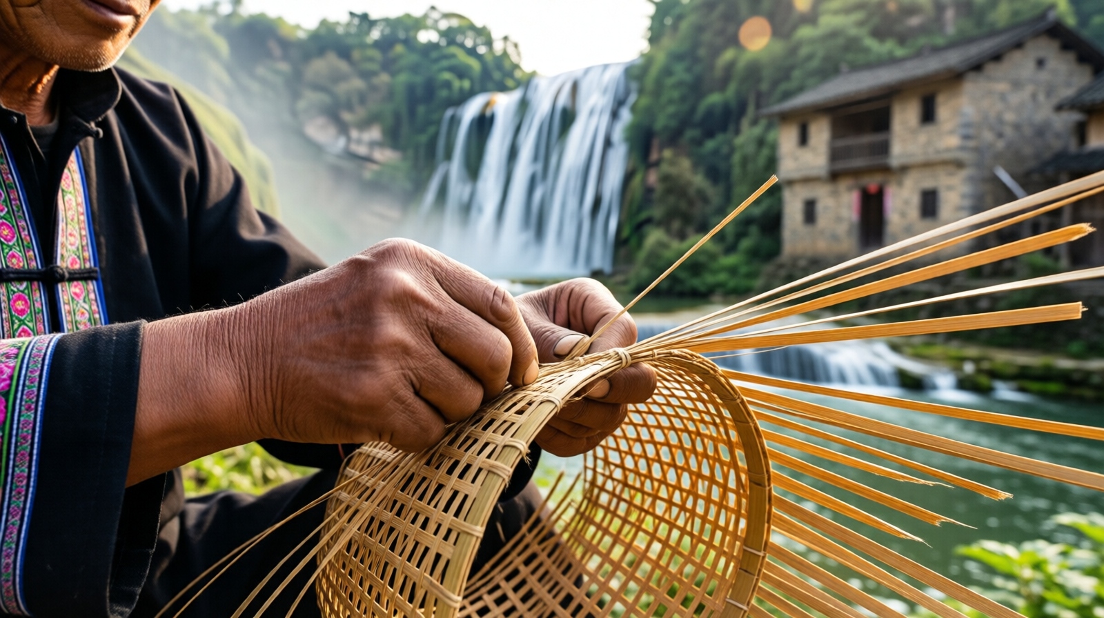 Elderly Buyi man weaving a traditional bamboo fish trap with the Huangguoshu Waterfall in the background