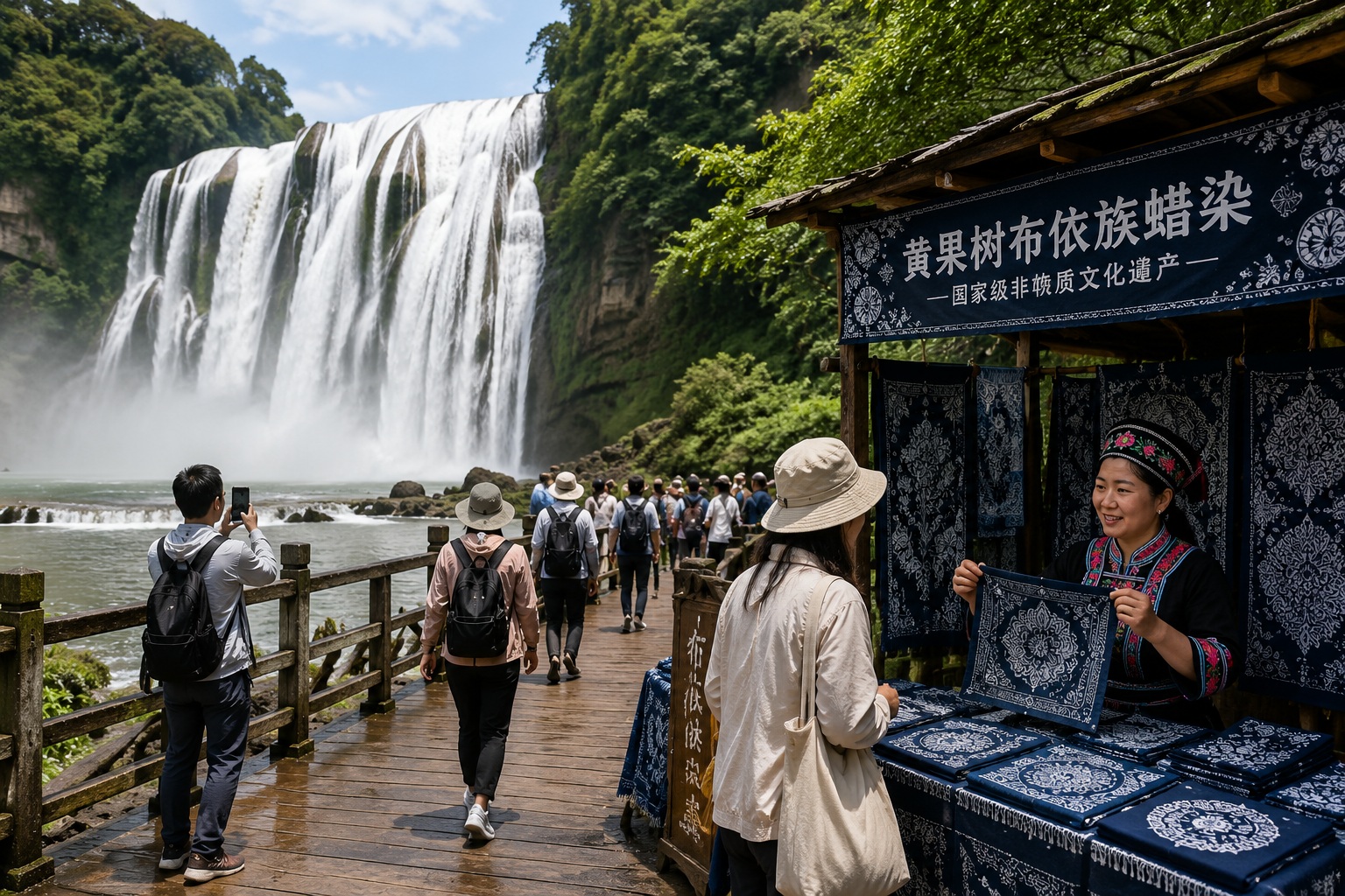 Tourists viewing the Huangguoshu Waterfall while a Buyi woman sells batik fabric