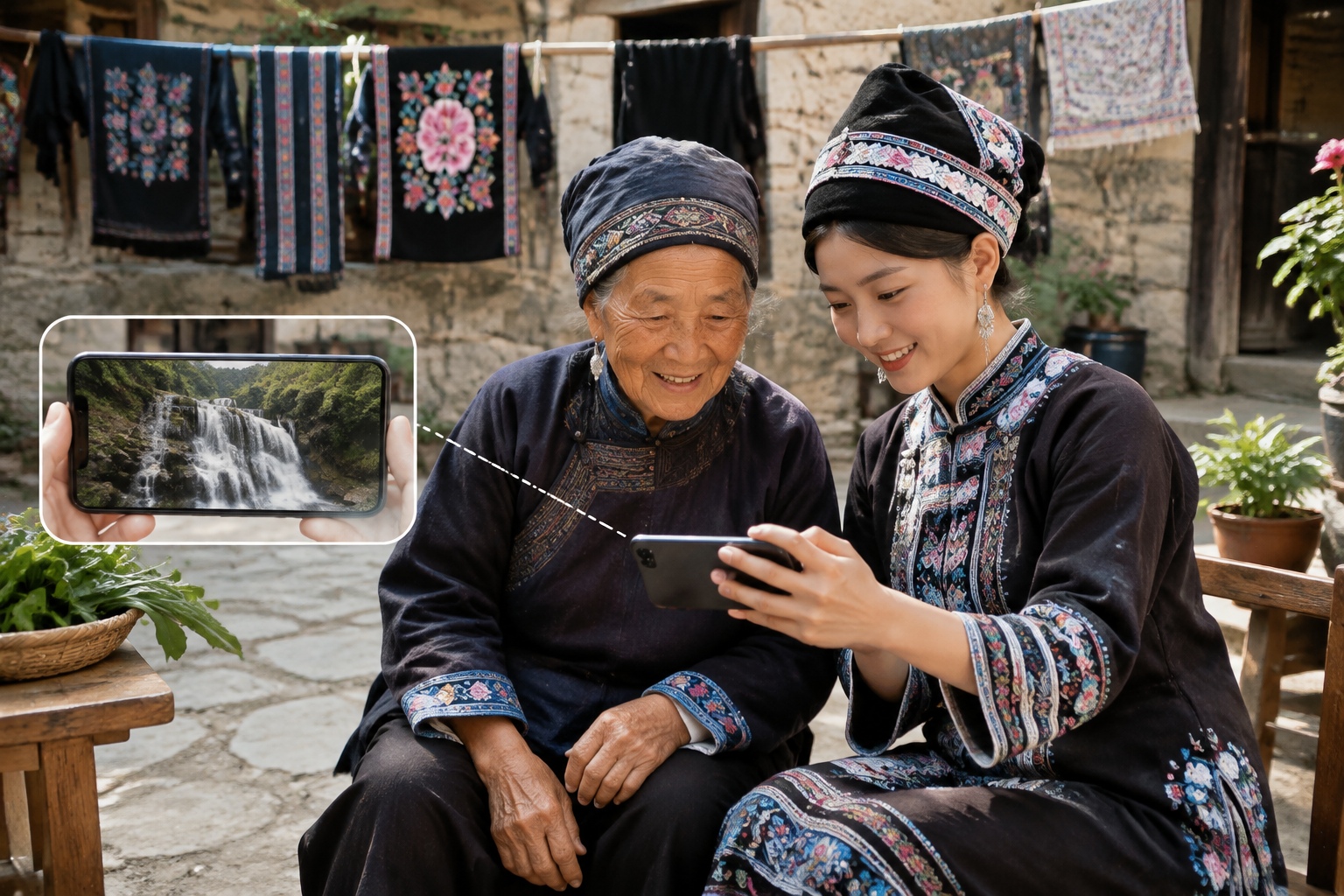 Young Buyi woman showing her grandmother waterfall videos on a smartphone in their village courtyard