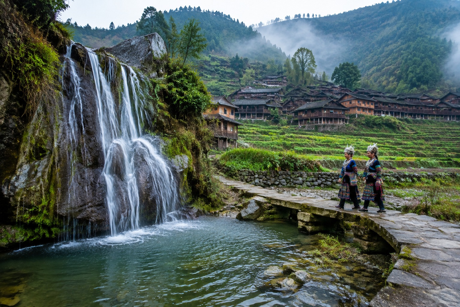 A seasonal waterfall beside a rural Guizhou village with local Miao residents on a stone bridge