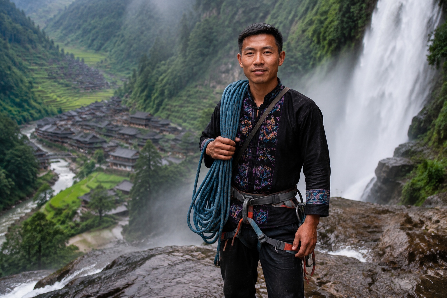 Miao guide in traditional jacket and climbing harness at the top of Dishuitan Waterfall in Guizhou