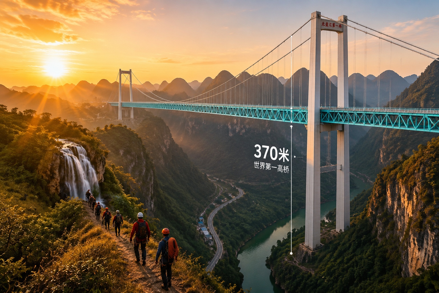 Baling River valley and the high bridge in Guizhou, China, with climbers walking toward a waterfall at dusk