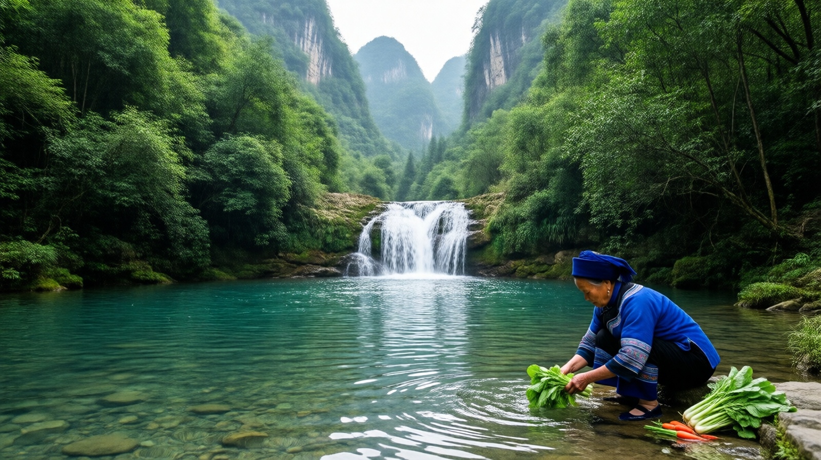 A tranquil waterfall pool in rural Guizhou where an elderly local woman washes vegetables, before the viral crowds arrived