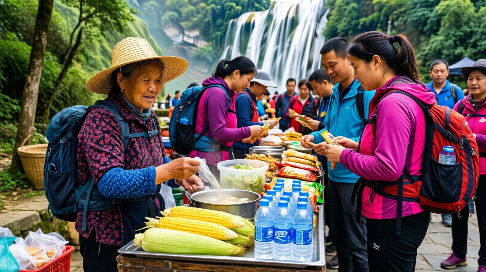 A Chinese grandmother selling snacks to tourists at a makeshift stall near a newly popular waterfall in Guizhou