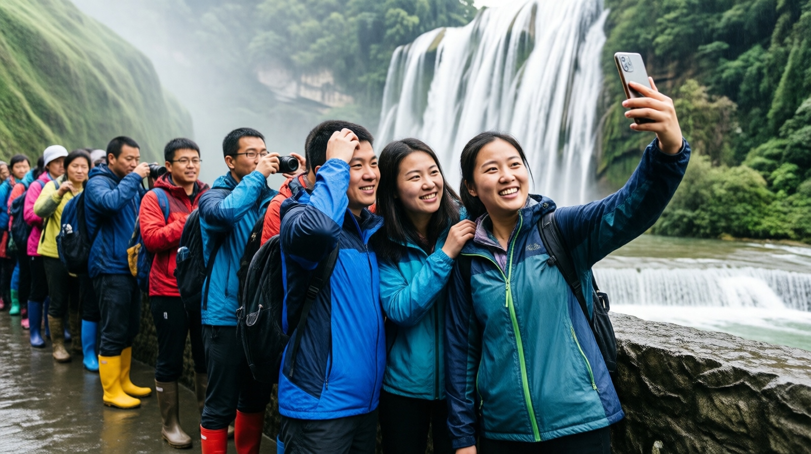 Young Chinese tourists queue to take selfies at a viral waterfall in Guizhou, with mist and splashing water