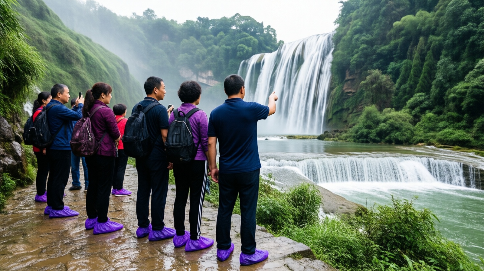 Tourists in plastic shoe covers navigating a slippery path near a Guizhou waterfall after the site went viral