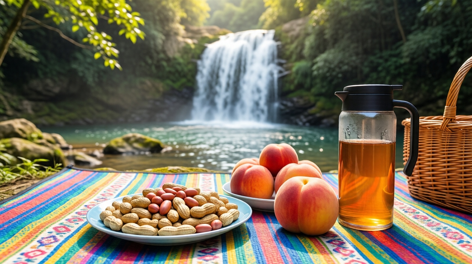 Waterfall picnic spread with peanuts and fruit on a mat in Guiyang